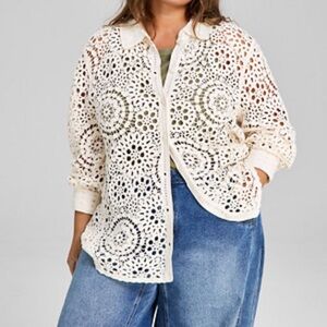 NEW And Now This Women's Cream Cotton Crochet Button-Up Blouse